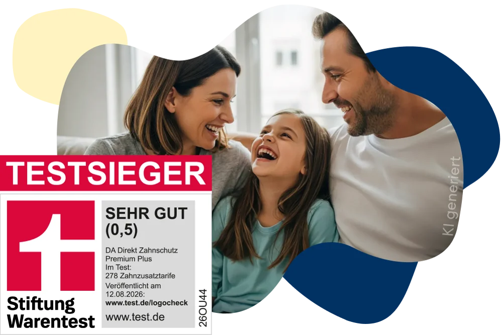 Großer Zahn mit goldener Krone, daneben eine fröhliche Familie. Im Vordergrund ein rotes Stiftung Warentest-Siegel.