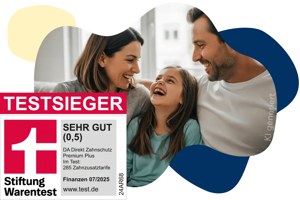 Großer Zahn mit goldener Krone, daneben eine fröhliche Familie. Im Vordergrund ein rotes Stiftung Warentest-Siegel.