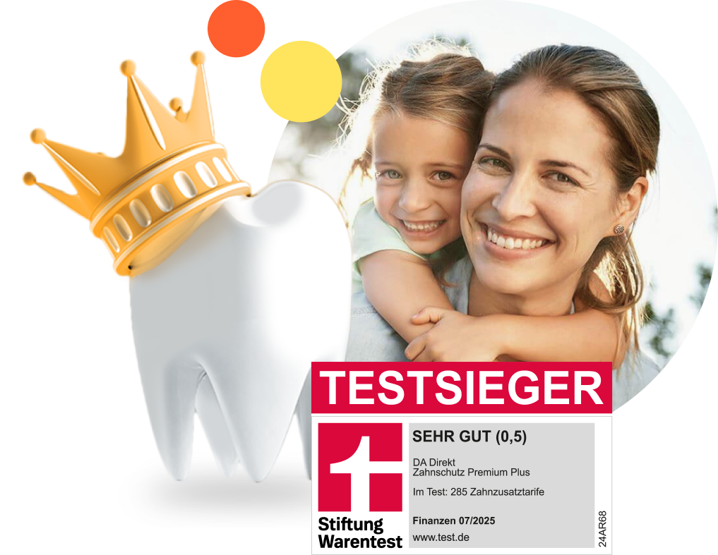 Großer Zahn mit goldener Krone, daneben eine Mutter, die ihr Kind umarmt. Im Vordergrund ein rotes Stiftung Warentest-Siegel.