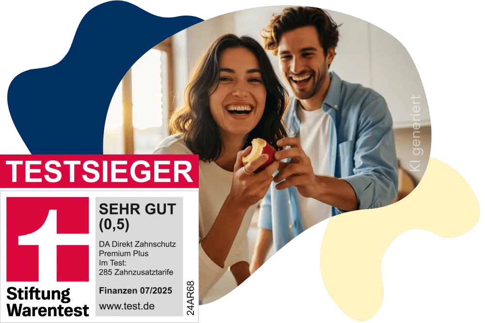 Zahn mit goldener Krone, daneben ein Vater mit Kind, die sich umarmen. Im Vordergrund ein Stiftung Warentest-Siegel.