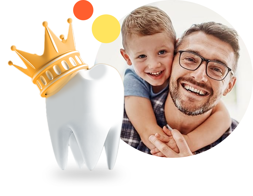 Vater mit Sohn neben einem Backenzahn mit Krone