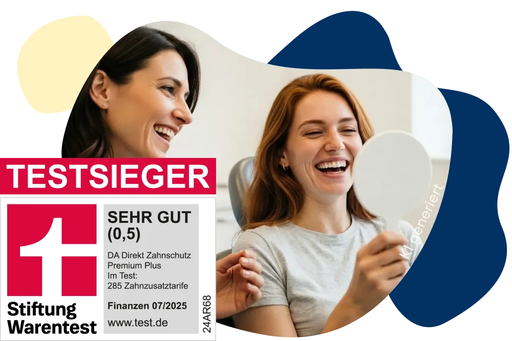 Frau sitzt beim Zahnarzt bei der Zahnreinigung und betrachtet ihre schönen Zähne im Handspiegel. Im Vordergrund ein rotes Stiftung Warentest-Siegel.