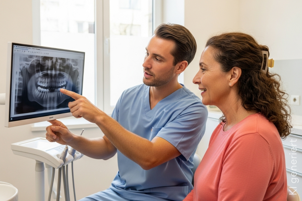 Eine Frau bekommt gerade vom Zahnarzt ihre Röntgenergebnisse erklärt