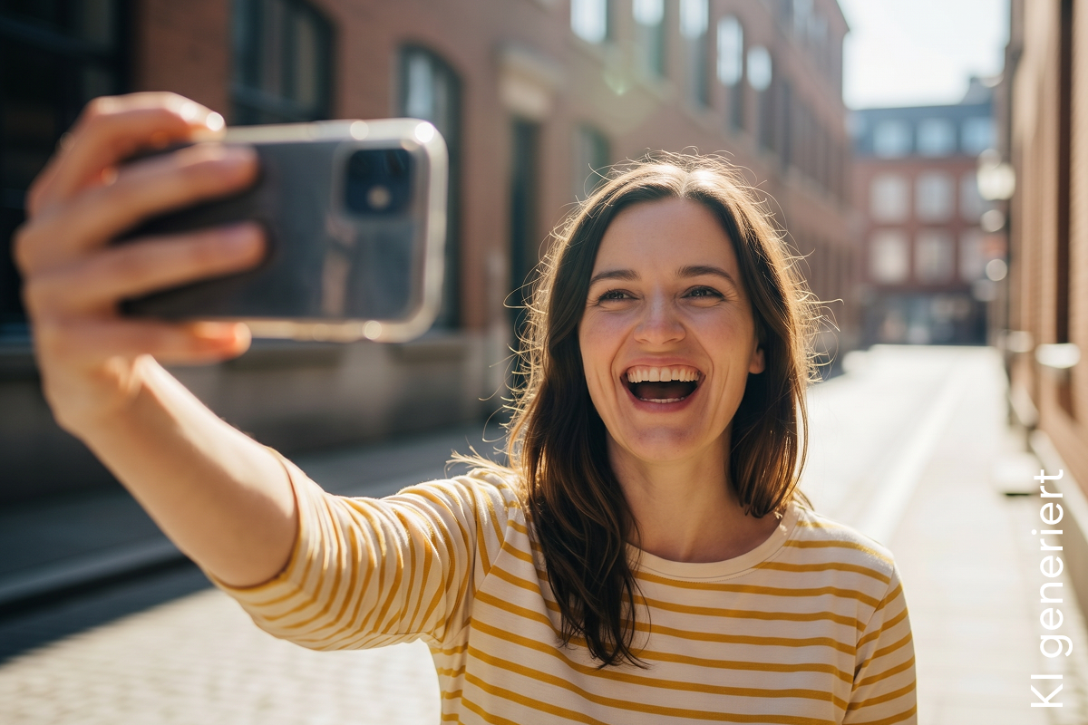 Junge Frau macht ein Selfie in einer sonnigen Stadtstrasse.