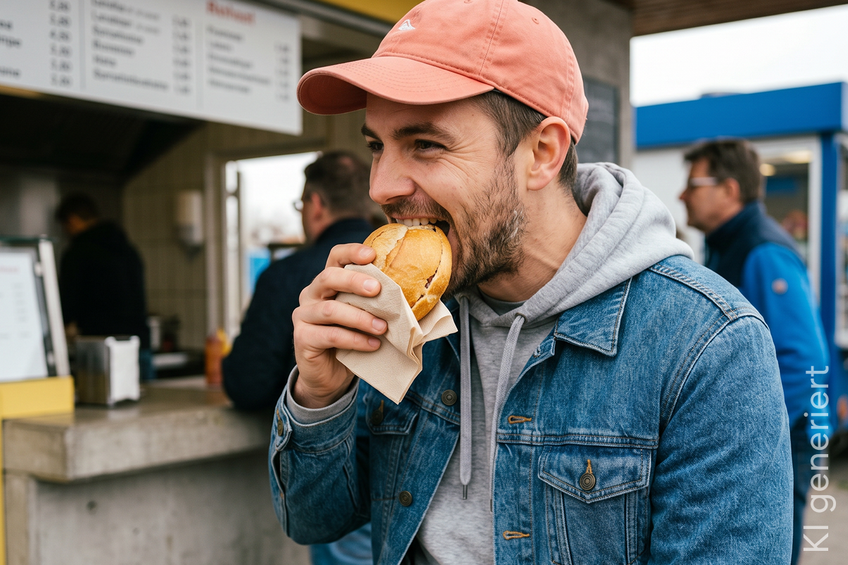 Junger Mann isst Pommes an einem Imbissstand im Freien.