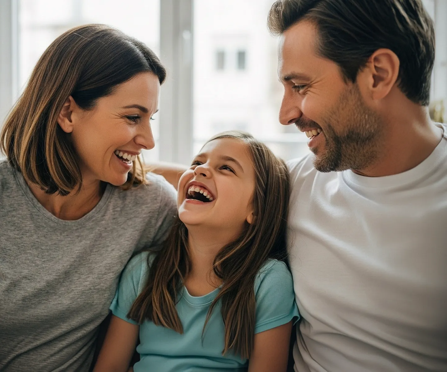 Mama, Kind und Vater lachen herzlich.