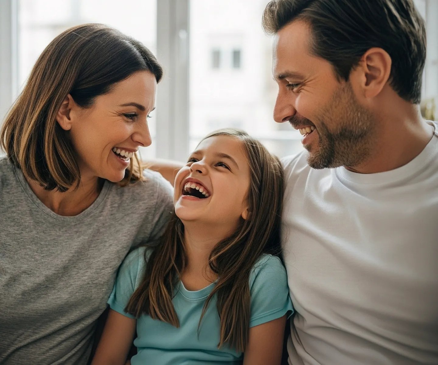 Mama, Kind und Vater lachen herzlich.