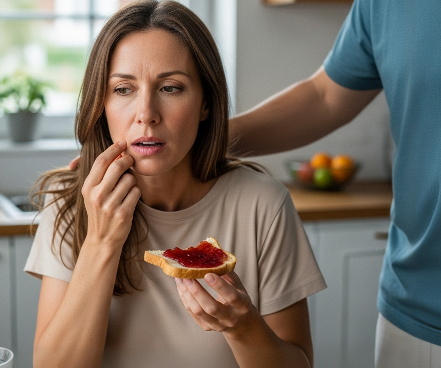 Eine Frau sitzt in einer hellen Küche und hält ein mit roter Marmelade bestrichenes Toastbrot in der Hand, mit der anderen fasst sie sich schmerzverzehrt an den Kiefer.