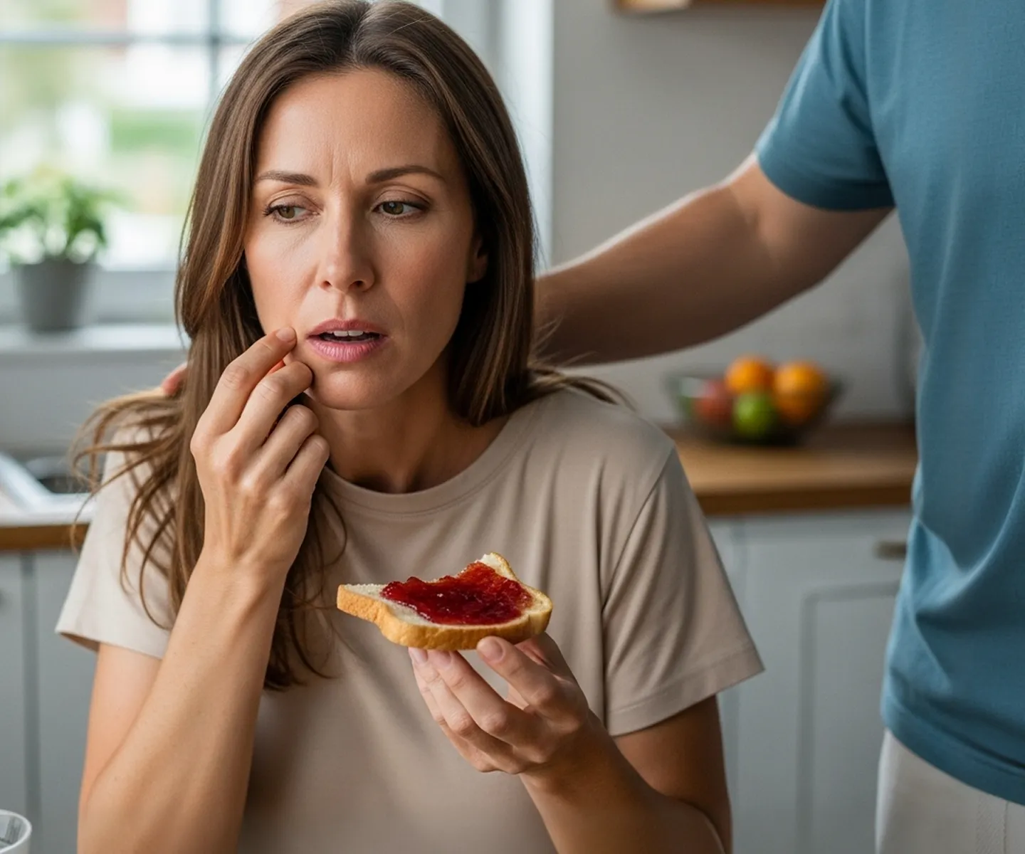 Eine Frau sitzt in einer hellen Küche und hält ein mit roter Marmelade bestrichenes Toastbrot in der Hand, mit der anderen fasst sie sich schmerzverzehrt an den Kiefer.