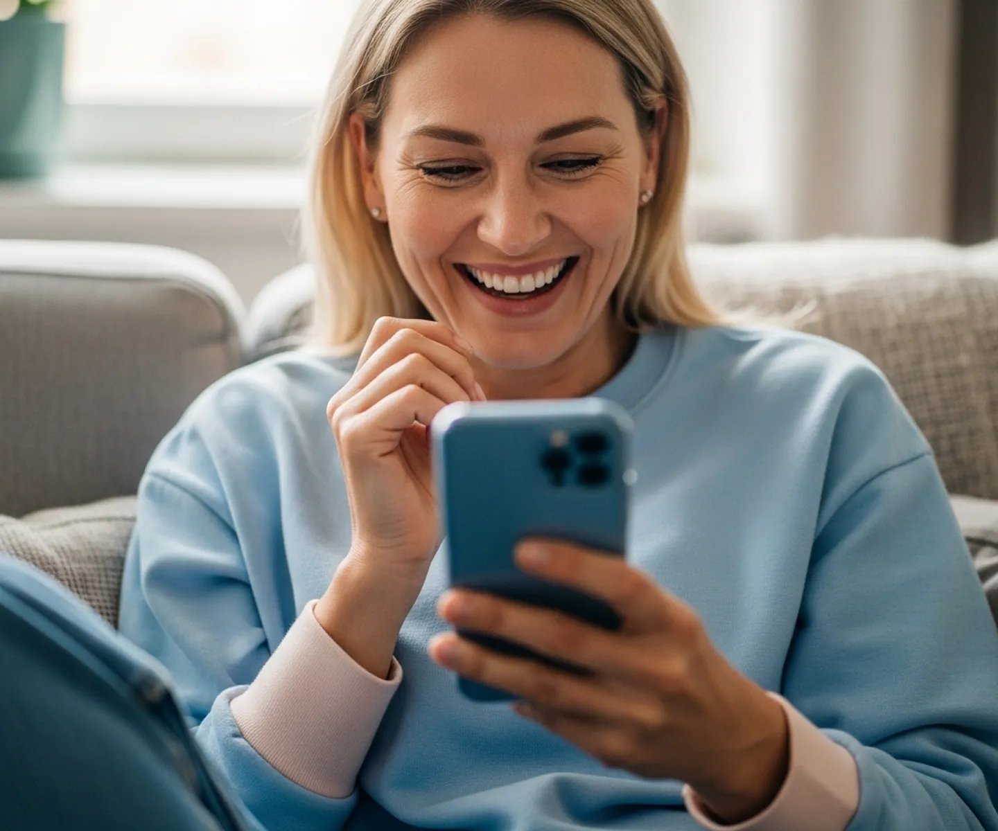 Eine Frau tippt auf ihrem Handy und freut sich.