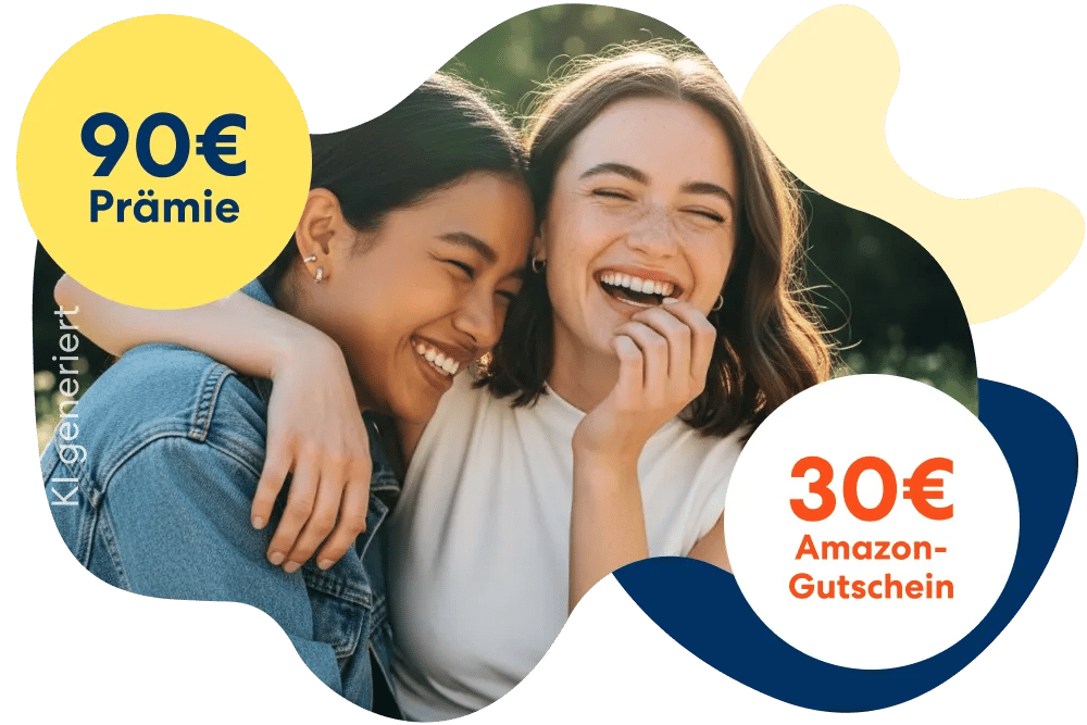 Zwei lächelnde Freundinnen neben einem Störer "90 € Prämie" und einem weiteren Störer "30 € Amazon-Gutschein" und einem Backenzahn mit Krone