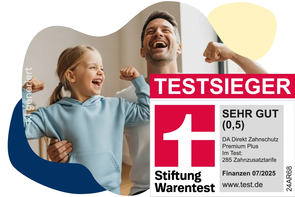 Bildkomposition einer Tochter und ihrem Vater, die spielerisch ihre starken Arme zeigen, mit Stiftung Warentest Testsieger-Siegel für Zahnzusatzversicherung von DA Direkt Tarif Premium Plus