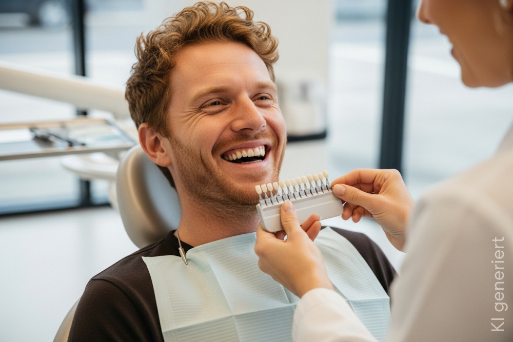 Ein Mann sitzt lachend im Zahnarztstuhl
