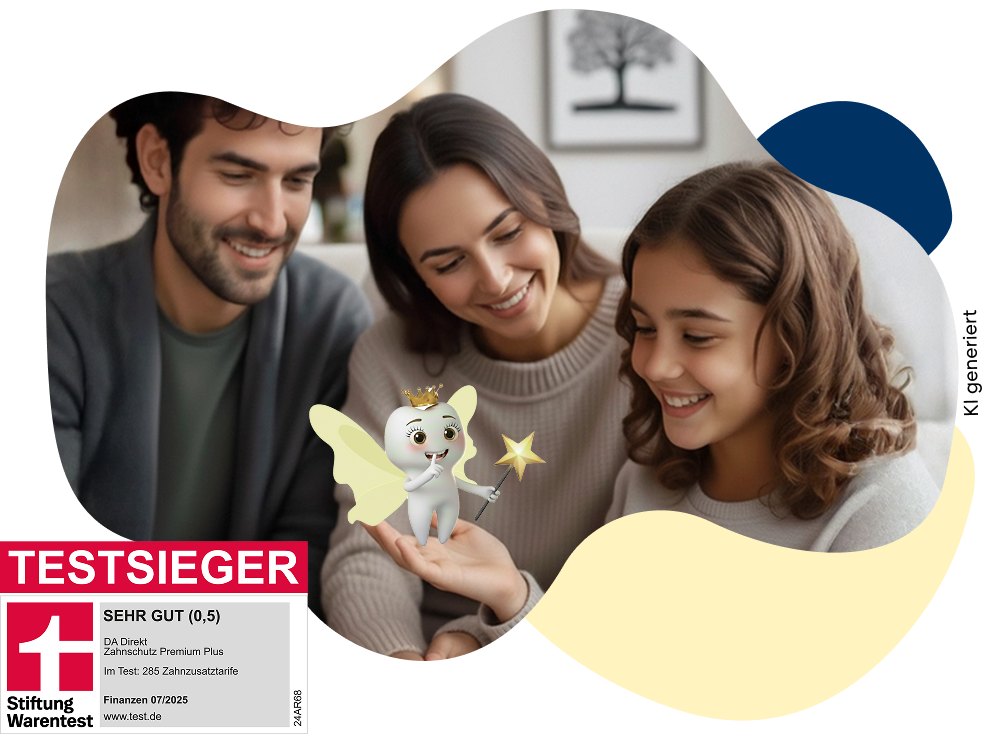 Lächelnde Familie mit Cartoon Zahnfee hinter dem Testsieger Siegel der Stiftung Warentest mit dem Testurteil Sehr gut für den Premium Plus Tarif der DA Direkt Zahnzusatzversicherung
