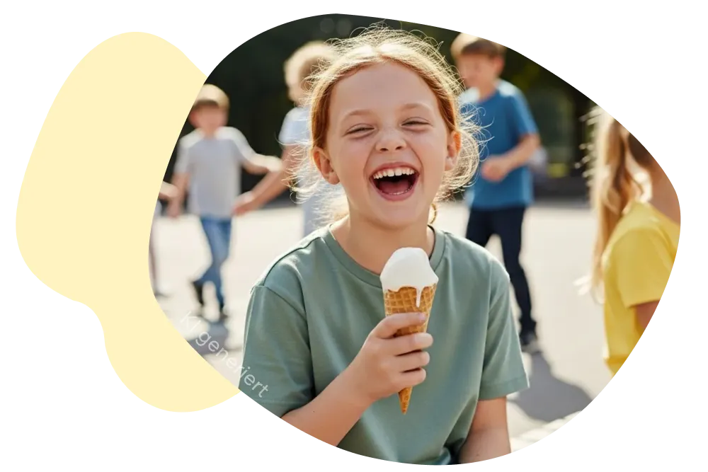 Ein Mädchen hält ein Eis in der Hand auf einem Spielplatz, im Kontext Zahnzusatzversicherung für Kinder von DA Direkt