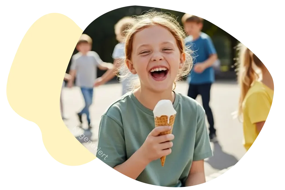 Ein Mädchen hält ein Eis in der Hand auf einem Spielplatz, im Kontext Zahnzusatzversicherung für Kinder von DA Direkt