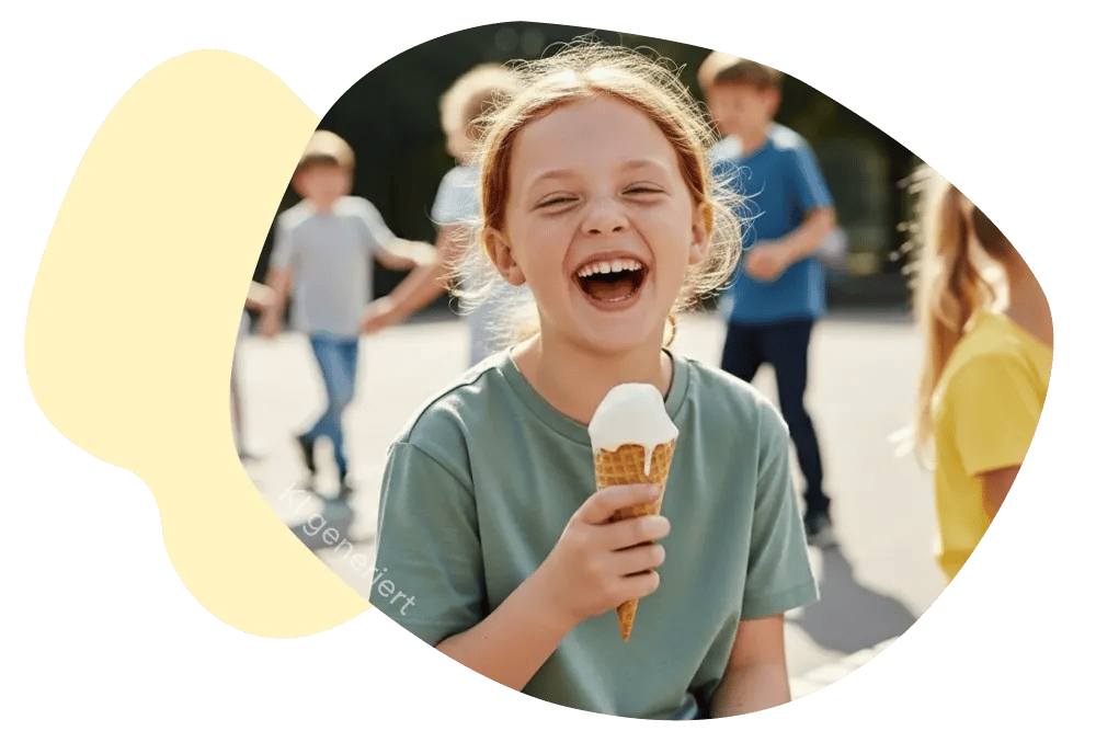 Ein Mädchen hält ein Eis in der Hand auf einem Spielplatz, im Kontext Zahnzusatzversicherung für Kinder von DA Direkt