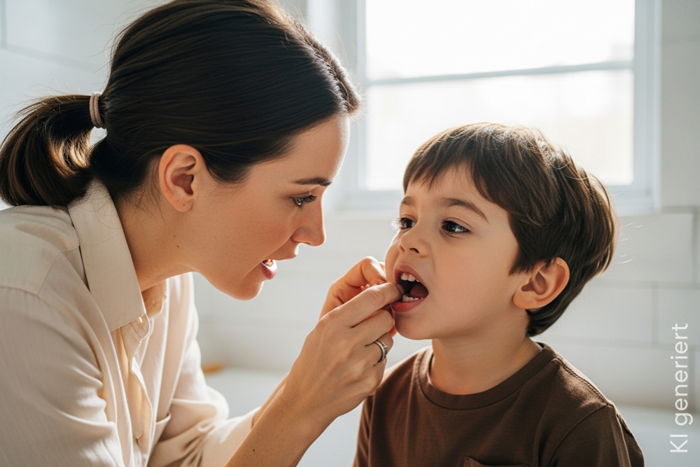 Eine Mutter guckt ihrem Sohn in den Mund, um seine Zähne zu untersuchen