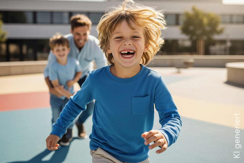 Ein Junge mit Zahnlücke rennt auf einem Spielplatz